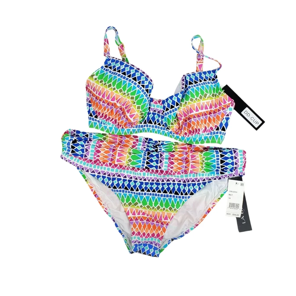 LA BLANCA Bikini Top 34DD NWT Underwire Swim Bra Multicolor Mosaic